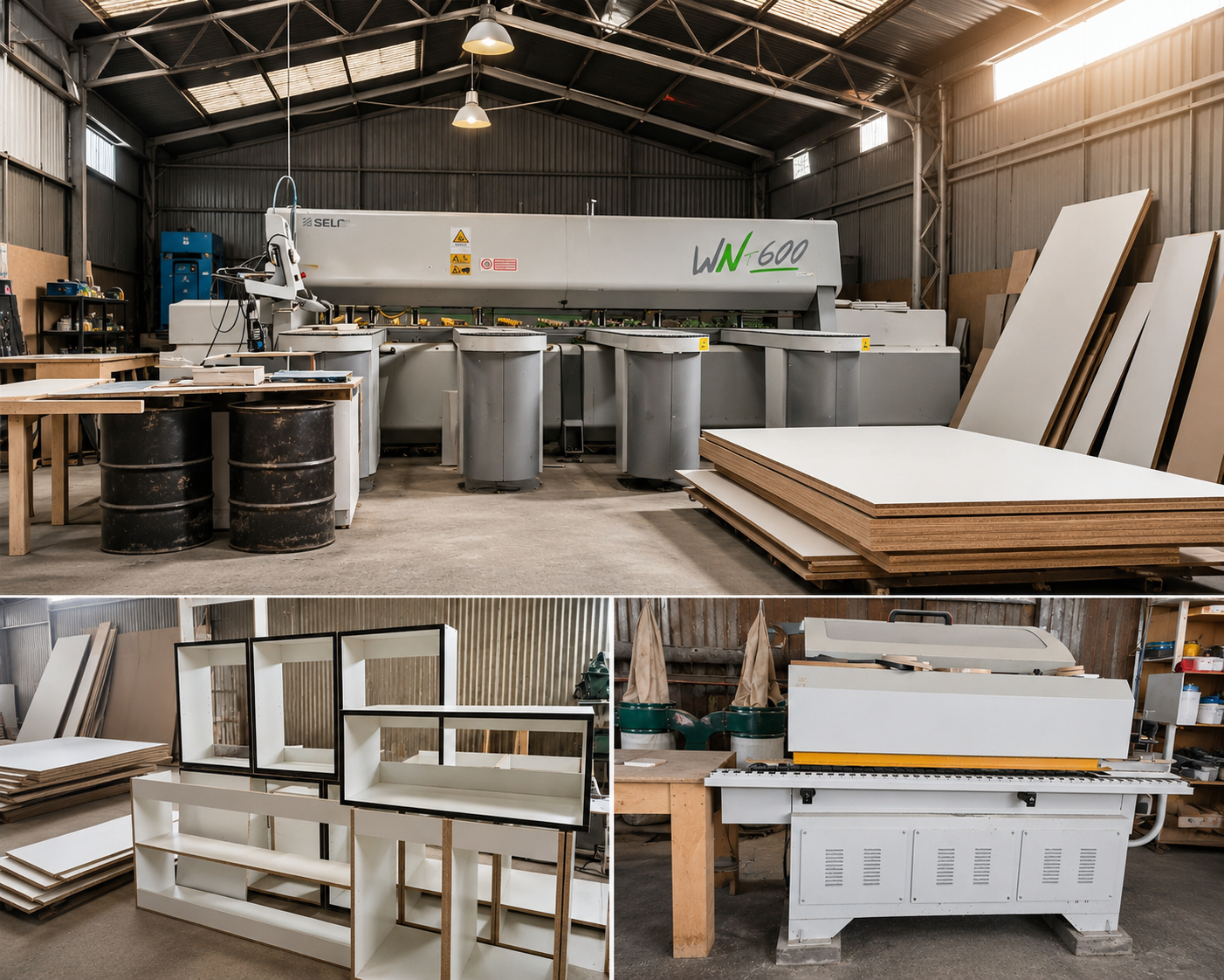 Máquina dimensionadora industrial, módulos de mobiliario en proceso y canteadora